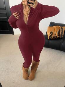 POPSWAY Bộ áo liền quần dài tay và quần dài màu đen cỡ lớn, khóa kéo phía trước, thắt eo, dáng ôm, màu trơn, đa năng, mặc hàng ngày. - Đỏ - Xem 3