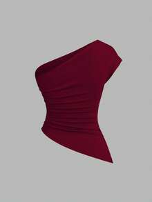 Sweetra Women's Elegant Asymmetrical Shoulder Ruched Asymmetric Lightweight Comfortable Top Set, Early Autumn - Multicolor - View 6