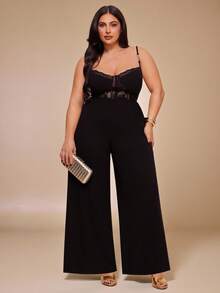 SHEIN BAE Bộ áo liền quần không tay phối ren tương phản dành cho nữ cỡ lớn - màu đen - Xem 8