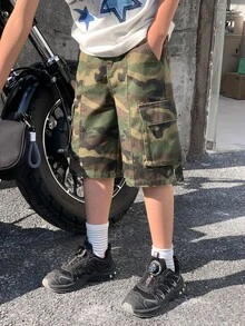 SHEIN Little Byeori 青少年男孩時尚返校街頭風休閒混搭百搭設計復古Y2K舒適迷彩圖案設計多口袋深綠色寬鬆牛仔短褲兒童男孩柔軟日常穿著夏季電音節與海灘 - 軍綠色 - 查看 8