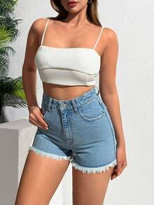 SHEIN Cottnline شورت جينز قصير بخصر عالي وحافة مهترئة بتفاصيل دقيقة، أزرق فاتح، كاجوال صيفي للعطلات - أزرق فاتح - مشاهدة 3