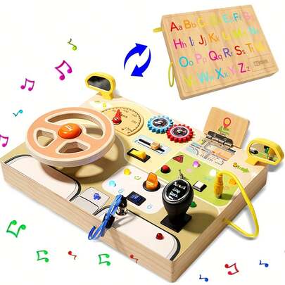 MINKOJA - SELECTS Children's Letter Steering Wheel Busy Board, Wooden Activity Board, Wooden Learning And Educational Toys, Car Parts Busy Board, With Uppercase And Lowercase Letters On The Back, Puzzle Learning Toys