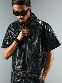 ROMWE MEN Street Life Spring/Summer Casual Graphic Men'S Fashion Pu Texture Zipper Short Sleeve Shirt - Black - View 6