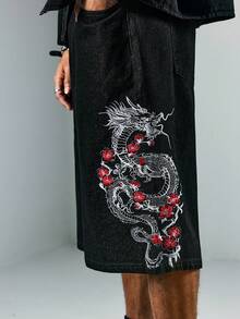 ROMWE MEN Street Life 男士夏季休闲宽松龙纹花卉刺绣阔腿牛仔短裤，不含腰带 - 黑色 - 查看 2
