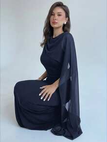 Aloruh Women's Solid Color Round Neck Flowy Dress - Navy Blue - View 3