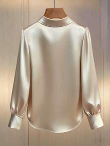 Franclia 时尚通勤珍珠装饰领长袖宽松女式衬衫 珍珠衬衫 优雅女式衬衫 米色衬衫 女式衬衫 珍珠工艺衬衫 优雅衬衫 缎面衬衫 真丝衬衫 缎面衬衫 - 杏色 - 查看 2