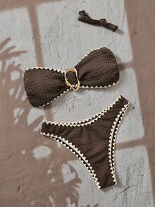 Swim Vcay 2pcs Fashionable & Sexy Swimsuit Set, Featuring Removable Strap Bandeau Top And Matching Bottoms - Chocolate Brown - View 1