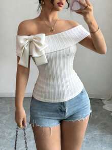 Selianne Women's Solid Color Bow Decor Asymmetric Shoulder T-Shirt - Black - View 1