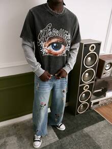 Manfinity Roughcore 1 Stück Herren Sweatshirt, Augen Muster, 2 in 1 Rundhalsausschnitt Pullover, kurzer Stil, Schwarz & Weiß Kontrast, sportlich-lässiger Alltags-Look, Pendeln, Urlaub, Rückkehr zur Schule, Geschenk für Freund/Ehemann, Unisex - Schwarz - Übersicht 5