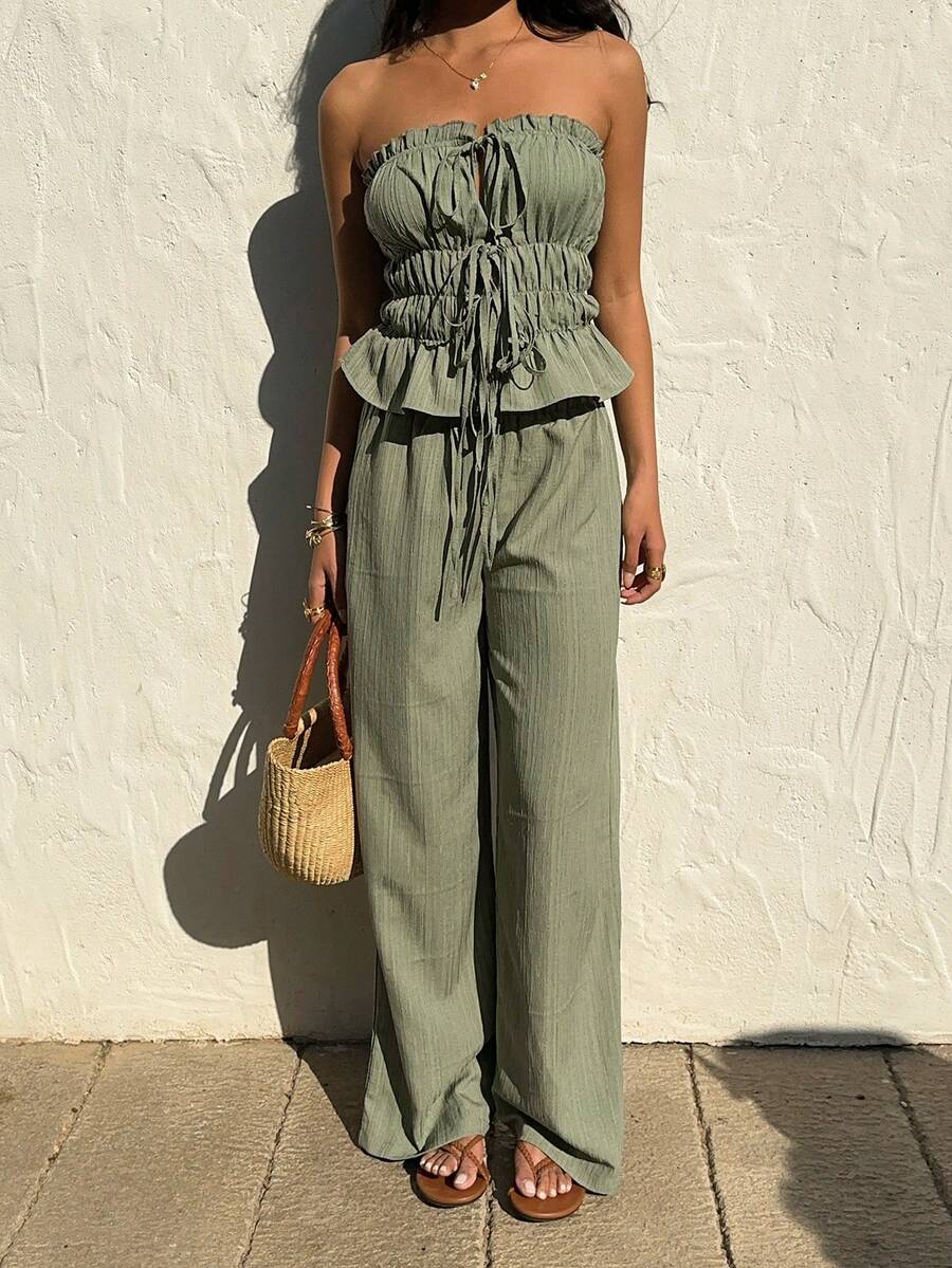 SHEIN EZwear Summer Outfits  2pcs Green Knit Casual Women Pleated Bandeau Top And Pants Set - Green - View 1