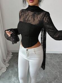 Elenzga Blusa feminina nova, em cor sólida, com detalhes em renda, sem alças, mangas longas e amplas com punhos franzidos, detalhe frontal em espinha de peixe, amarração longa no pescoço, ideal para festas, Halloween, Natal, eventos de fim de ano, encontros e Dia dos Namorados. - Preto - Ver 4