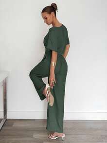Siren Gaze 两件套女士纯色褶皱衬衫和裤子休闲套装 - 橄欖綠 - 查看 2