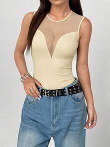 Rafferiza Débardeur femme à la mode, sexy et amincissant, en maille noire transparente à col en V et décolleté en S, collection printemps/été - Nude - Voir 5