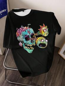 Rick and Morty X SHEIN 男士加大码休闲骷髅印花圆领短袖T恤，夏季 - 黑色 - 查看 1