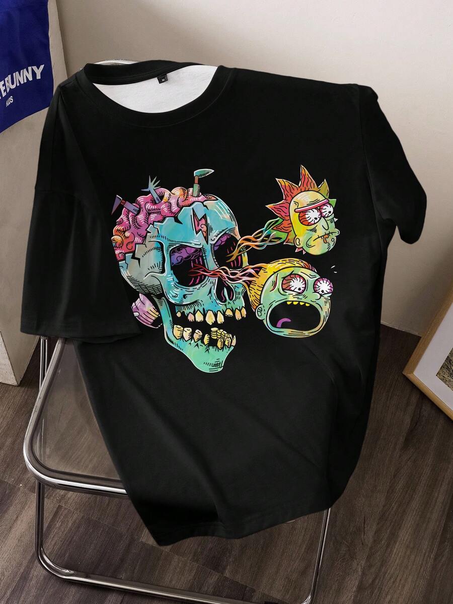Rick and Morty X SHEIN 男士加大码休闲骷髅印花圆领短袖T恤，夏季 - 黑色 - 查看 1