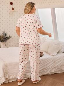 SHEIN Damen Große Größen rotes Spitzenbesatz Ditsy Blumen Farbblock Schleife Dekor gerippter Milchseide Stoff Kurzarm Hose, Lässig romantischer Pyjama Set - Rot - Übersicht 2