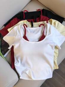 Resyla Women's Contrast Color 2 In 1 Square Neck Casual Short Sleeve Top - Multicolor - View 4