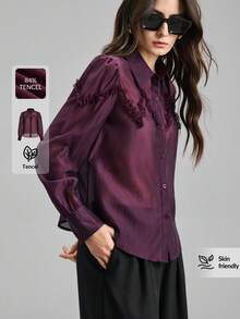 Ontre 2026春夏女士翻领单排扣荷叶边休闲通勤长袖衬衫 - 中紫紅色 - 查看 1