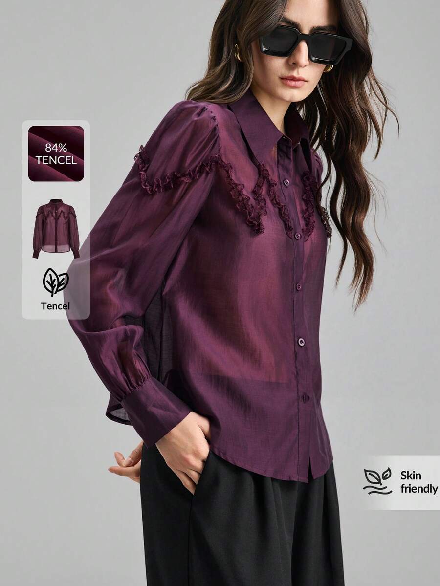 Ontre 2026春夏女士翻领单排扣荷叶边休闲通勤长袖衬衫 - 中紫紅色 - 查看 1