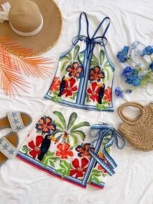 Soleia Tropical Toucan Print Halter Neck Top And Tie Wrap Skirt 2 Pieces Set - Multicolor - View 5