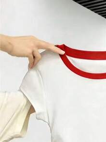 Resyla Heart Embroidery Contrast Trim Round Neck Casual Short Sleeve T-Shirt - White - View 5