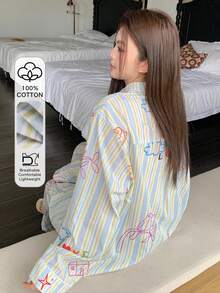 Dazy Plus Plus Size Women Cartoon Floral & Striped Loose Fit 2 Pieces Pajama Set, Comfortable Home Wear For Spring & Autumn - Multicolor - View 1