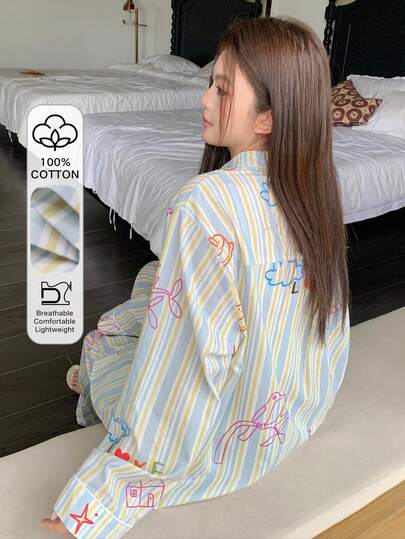 Dazy Plus Plus Size Women Cartoon Floral & Striped Loose Fit 2 Pieces Pajama Set, Comfortable Home Wear For Spring & Autumn