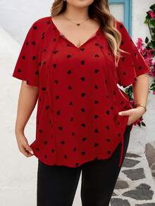 SHEIN CURVE+ Áo cỡ US22 dành cho người có đường cong cơ thể. Thích hợp cho lễ hội âm nhạc, kỳ nghỉ bên bờ biển, phong cách bohemian. Áo sơ mi mùa xuân và hè dáng xếp ly hình trái tim. - Nhiều màu - Xem 4