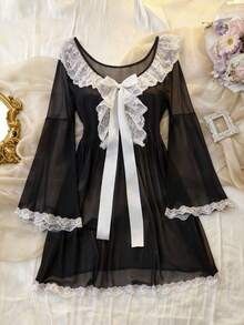 DelicateAllure 性感蕾丝雪纺喇叭袖女士睡裙 - 黑色 - 查看 6