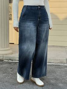 Dazy Plus 水洗做旧宽松阔腿长牛仔裤，休闲街头风，四季皆宜 - 深色水洗藍 - 查看 4