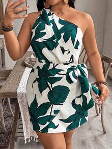 EMERY ROSE 大码女式不对称领口褶皱腰身优雅休闲日常度假连衣裙，春夏款 - 彩色 - 查看 4