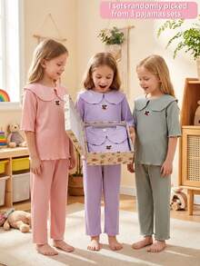3pcs/Set Cute Cherry Peter Pan Collar Short Sleeve Top And Pants Girls Casual Comfortable Pajamas/Loungewear, Random Assortment - Multicolor - View 1