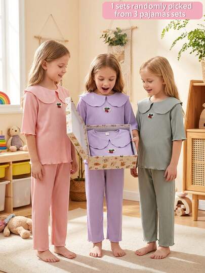 3pcs/Set Cute Cherry Peter Pan Collar Short Sleeve Top And Pants Girls Casual Comfortable Pajamas/Loungewear, Random Assortment