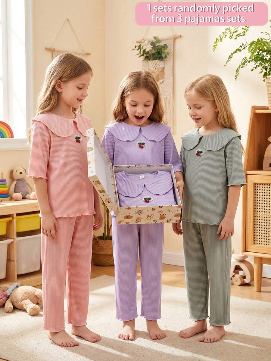 3pcs/Set Cute Cherry Peter Pan Collar Short Sleeve Top And Pants Girls Casual Comfortable Pajamas/Loungewear, Random Assortment - Multicolor - View 1