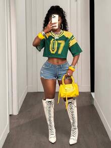 BamGleam V-Neck Colorblock Graphic Print Casual Short Sleeve T-Shirt - Green - View 7