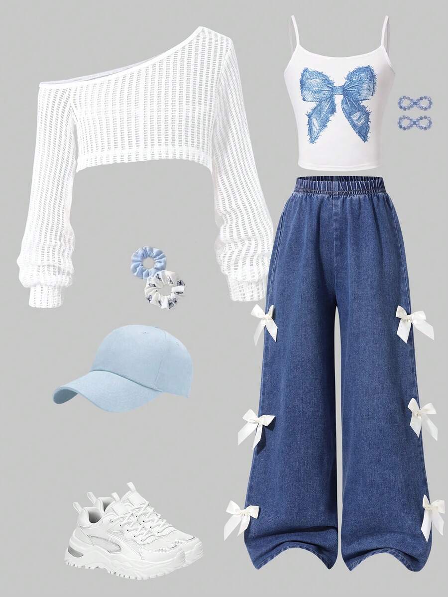 SHEIN ChillGRL 3pcs Girls Bow Strap Top With Cutout Shoulder Design And Bowknot Wide Leg Pants, Suitable For Outing And Travel In Early Autumn - Blue - View 1