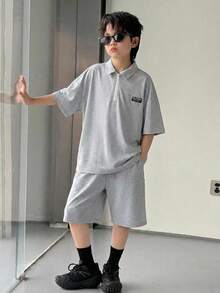 2pcs/Set Tween Boys Loose Casual Polo Collar Solid Color Short Sleeve Polo Shirt And Shorts Summer Outfit