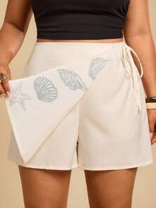 Travachic 大码女式裹身侧系带彩色植物剪影印花度假沙滩短裤，浪漫花卉宽松阔腿裤，情人节，夏季女装，沙滩，夏季女装，超短短裤，春季女装，夏季假期沙滩女装，贝壳和海星印花夏季短裙 - 杏色 - 查看 4