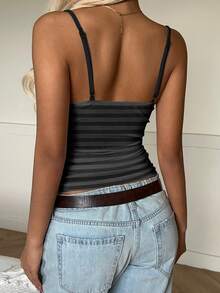 SHEIN ICON Women's Casual Vintage Lace Black Grey Stripe Print Patchwork Ruched Tight Spaghetti Strap Tank Top, Suitable For Summer Outings And All Seasons, Perfect For Music Festivals, Layering, Punk Retro Vint - Multicolor - View 2