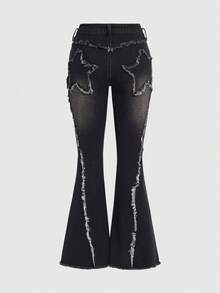 ROMWE Grunge Punk Y2K 坏女孩美式街头风星形贴片毛边修身喇叭牛仔裤 - 黑色 - 查看 1