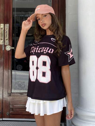 MainGRL Women's Spring/Summer Two-Piece Set: A Black Printed Sports T-Shirt And A White Skirt, Suitable For Sports, Outings, And Street Style.Casual Sets For Women,Spring Outfit , Summer Outfits For Women