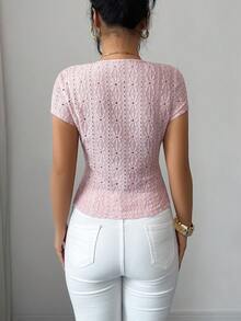 Elenzga 独特优雅的提花V领褶皱腰身蝙蝠袖休闲约会女式T恤，春夏款 - 粉色 - 查看 8