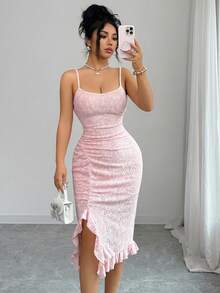 Elenzga New Arrival Elegant Sexy French Style Textured Jacquard Design Spaghetti Strap Backless Fitted Bodycon Mini Dress With Frill Trim For Women - Pink - View 3