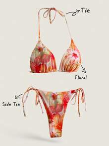 Swim Mod 2件套女士随机印花细肩带沙滩度假比基尼套装，夏季