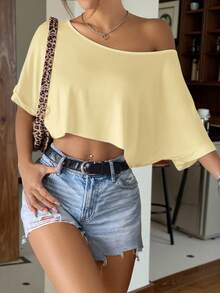 SHEIN EZwear 芥末黄针织宽松露肩超大款女式T恤 - 鵝黃色 - 查看 4