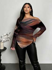 Firerie Áo tay dài cổ lệch bất đối xứng nhuộm màu tie-dye giản dị, thanh lịch và lãng mạn - Một chiếc áo sang trọng và cổ điển dành cho phụ nữ cỡ lớn, hoàn hảo cho các buổi hẹn hò, ngày Valentine, hộp đêm, đám cưới và tiệc cocktail. - Nhiều màu - Xem 7