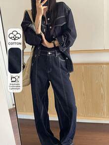 Livesso 女士宽松牛仔外套和休闲牛仔裤套装 - 藏蓝色 - 查看 1