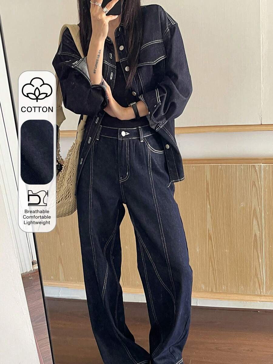 Livesso 女士宽松牛仔外套和休闲牛仔裤套装 - 藏蓝色 - 查看 1