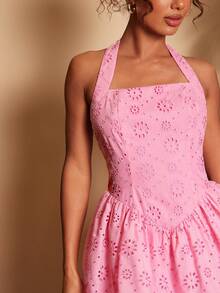 Travachic Women's Hollow Embroidered Romantic Halter Vacation Dress - Baby Pink - View 6