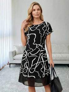 Miaspire Women's Round Neck Short-Sleeve Dress With Random Striped Print - Black and White - View 1